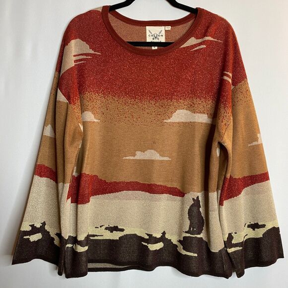 Cotton & Rye Sweater Scenic Desert Southwestern Howling Coyote Bell Sleeve Med - Picture 1 of 15